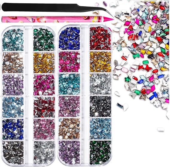 7000Pcs Multicolored Rhinestones for Bedazzling Kit, Nail Gemstones for Crafting, Flatback Rhinestones for Clothes, 3D Mini Heart Star Flower Nail Diamonds Crystals Jewels for Crafts, Nail Art Charms