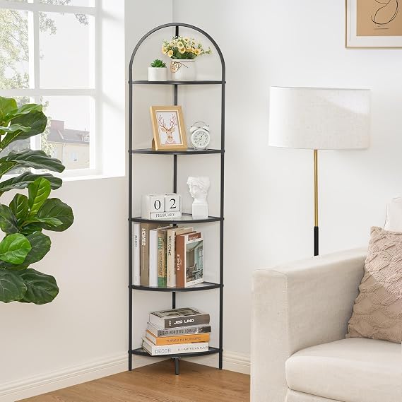 Homhedy 5-Tier Glass Corner Shelf Stand, Metal Corner Bookshelf