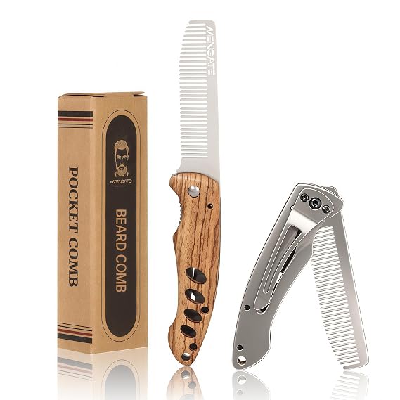 Folding Beard Comb for Men - Zebrawood & Secure Lock & Pocket clip, 0.12lb | Wooden Tactical Grooming Tool for Beard & Mustache & Hair Styling, Hiking, EDC Outdoor, Camping, Car Essentials, Gift for Men