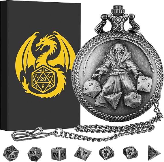 Mini DND Dice Set, Hand held Dice Wizard Pocket Watch Shell Case, 7 Piece Polyhedral Metal D&D Dice Set, D&D Gifts with Gift Box, Role Playing Board Game Accessories, Silver