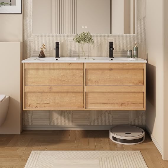 eclife 48" Floating Bathroom Vanity Sink Combo, Wall Mounted Modern Minimalist Storage Cabinet with 2 Drawers, Include White Sink, Faucet & Drain, Natural
