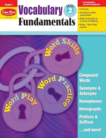 Evan-Moor Vocabulary Fundamentals, Grade 2 Homeschool and Classroom Resource, Reproducible Worksheets, Compound Words, Synonyms, Antonyms, Homophones, Homographs, Prefixes, Word Skills, Practice, Play