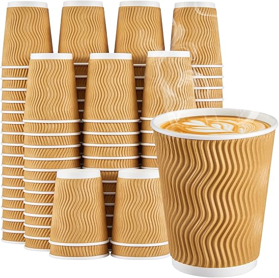SIUQ 150 Pack 8 oz Disposable Coffee Cups, Insulated Corrugated Paper Cups | Ripple Wall Cups For Hot and Cold Drinks, Ideal for Parties, Office Breaks, Catering, and Daily Travel, Champagne