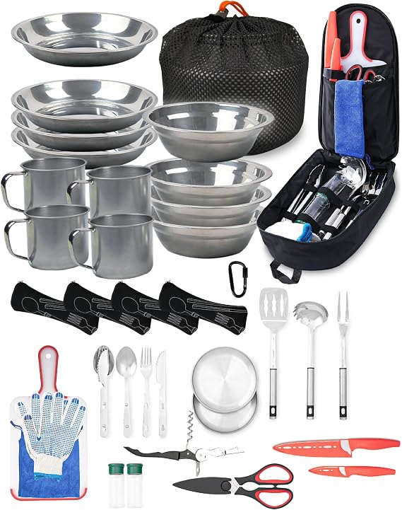 Camping Gear Cooking Set - 21pcs Accessories, Kitchen and Mess Kit, Utensils, Picnic and Dish Set for Outdoor Adventures