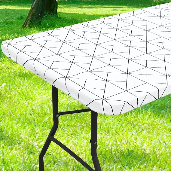 misaya Rectangle Fitted Plastic Table Cloth, Elastic Vinyl Flannel Backed Tablecloth, Waterproof Table Cover Fits 8 Foot Folding Tables for Outdoor Picnic Camping (White and Inky, 30" x 96")