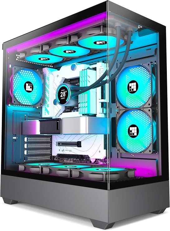 FOIFKIN F1 ATX PC Case - Pre-installed 6 PWM ARGB Fans, Mid-Tower Computer Case, Gaming PC Case full tower, 270° Panorama Tempered Glass, with Type-C, ATX Case Black(Black, F1)