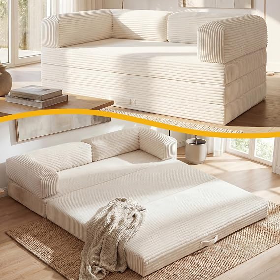 Erament Convertible Sofa Bed, Tri-Folding Mattress Queen with Removable Armrests & Washable Cover, Foldable Small Pull Out Couch Bed with High-Density Foam, Beige