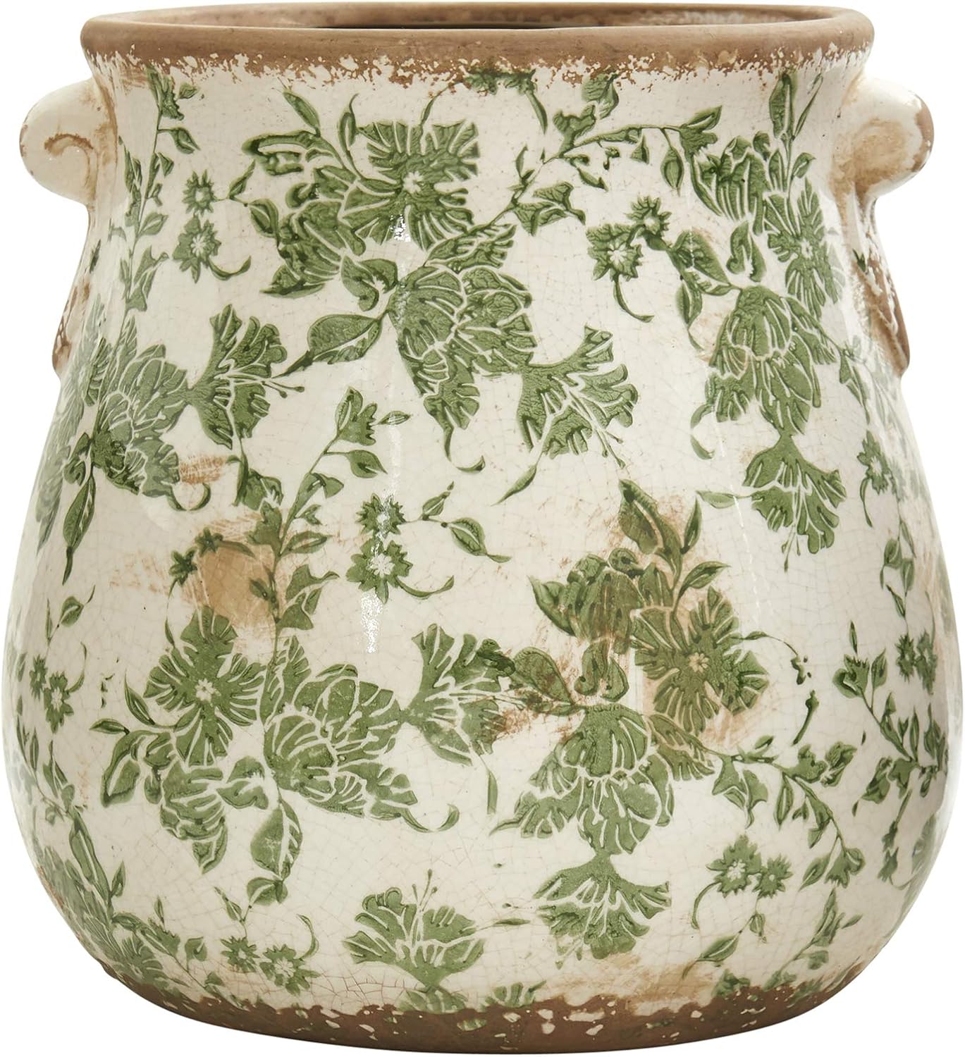 Nearly Natural 10in. Indoor Tuscan Ceramic Green Scroll Decorative Vase