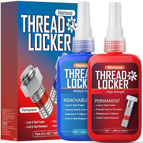 Thread Lock Blue and Red, 50mlx2 Thread Locker Medium and High Strength, Threadlocker Removable & Permanent for Nuts, Bolts, Fasteners and Metals to Prevent Loosening and Leakage