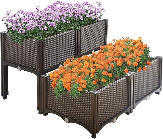 Elevated Plastic Raised Garden Bed Planter Kit DIY Plastic Rectangular Plant Containers Fit for Indoor Outdoor Vegetables Herbs Flowers Growing Planter Box Brown Set of 4