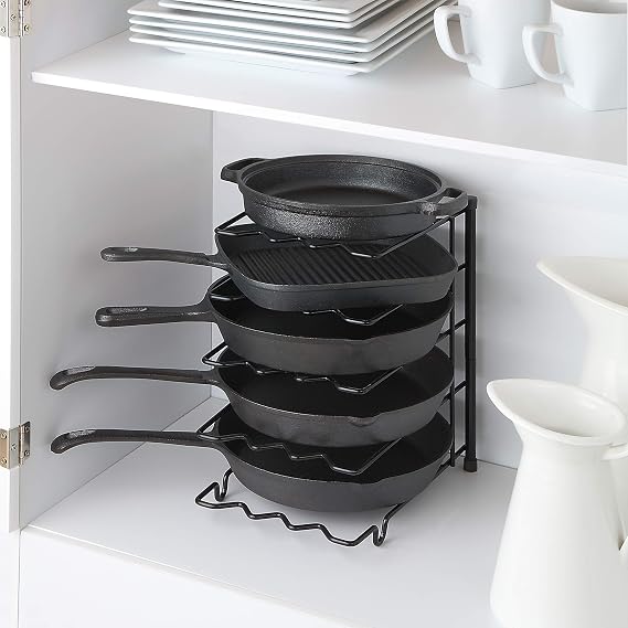 SunnyPoint Heavy Duty Pan Organizer Rack, Pots and Pans Organizer for Kitchen Cabinet & Countertop, Cast Iron Skillet, Pot Lid and Cookware Storage Holder, Vertical or Horizontal, Black