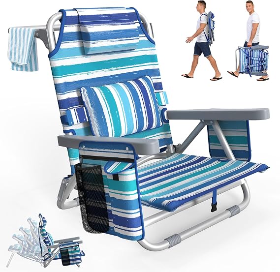 Suteck Beach Chair, Adjustable 5-Position Backpack Beach Chairs for Adults Kids, Foldable Lay Flat Chair with Cooler Bag, Cup Holder and Lumbar Pillow, Reclining Lay Down Chairs for Lawn Outdoor