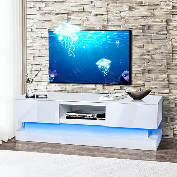 Modern TV Stand with LED Lights,White LED Entertainment Center for 42/43/45/48/50/55 Inch TV,High Gloss Media TV Console Entertainment Stand with 2 Drawers and Open Shelf for Bedroom,Living Room