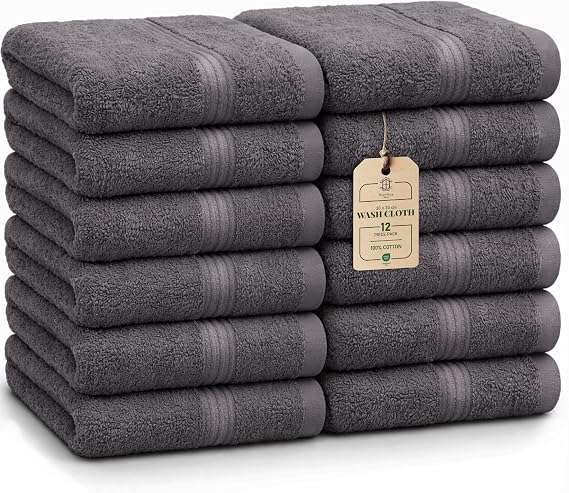 Luxe 12-Piece Washcloth Set - 100% Cotton, Soft & Absorbent, Easy Care, Premium Towels for Face & Daily Use, 30 x 30 cm, Dark Grey