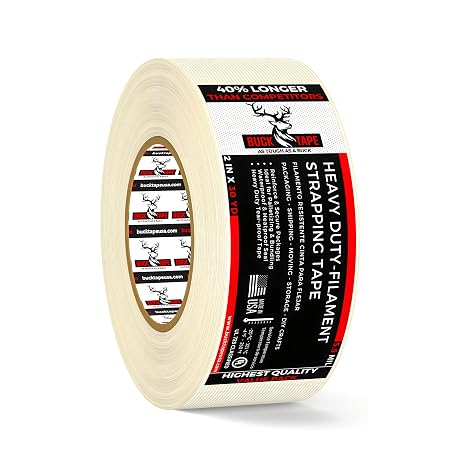 Buck Strapping Tape 2 Inch x 30 Yds (90ft), 5.5 Mil Heavy Duty Fiberglass Tape, Filament Tape, Reinforced Packing Tape with Synthetic PET Adhesive for Bundling, Shipping & Palletizing (1 Pack)