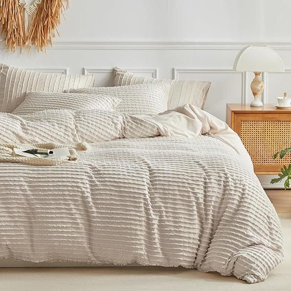 WARMDERN Khaki Boho Duvet Cover Set Queen Size, Tuft Texture, 3-Piece | Striped Style, Solid Color, Soft Breathable Lightweight Bedding Set for All Seasons, Hidden Zipper, 4 Ties, Machine Washable