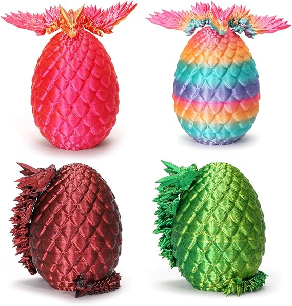 4PCS 3D Printed Dragon Eggs with Dragon Inside and DND Dice Sets, Easter Mini Mystery Dragon Egg Articulated Crystal Flying Dragon Fidget Toy, Surprise 3D Printed Animals Toy Set