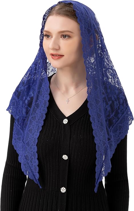 PAMOR Veils for Church Catholic Triangluar Scarf Embroidered Chapel Veil Head Covering Latin Mass Mantilla
