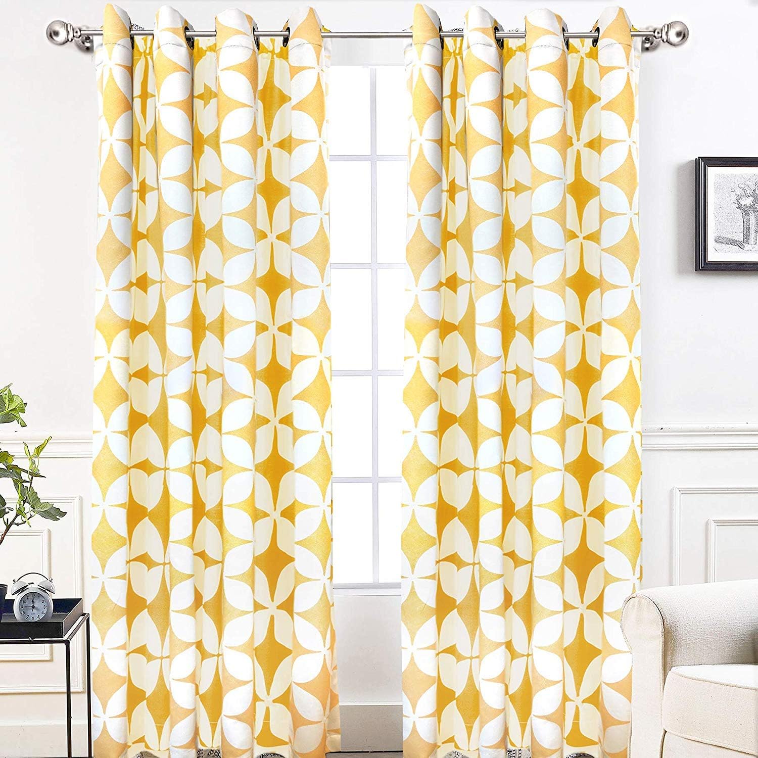 DriftAway Amelia Thermal Blackout Room Darkening Grommet Window Curtains Retro Geo Pattern Round Circle Star Print Set of 2 Panels Each 52 Inch by 84 Inch Yellow