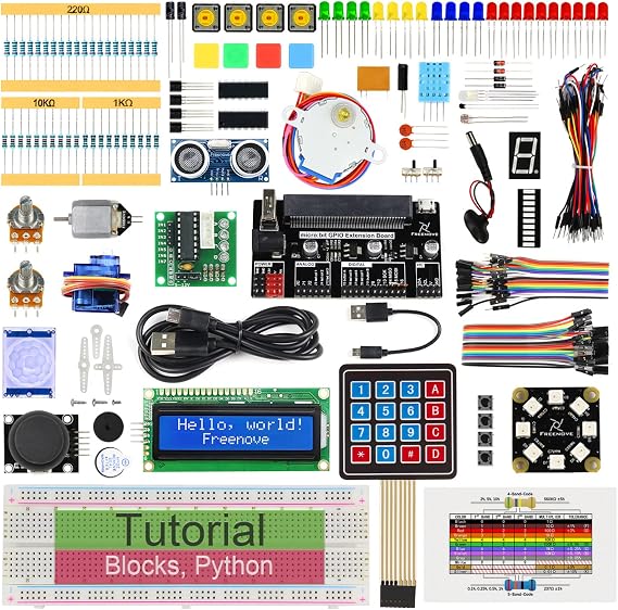 Freenove Ultimate Starter Kit for BBC micro:bit (Not Included, Works with V1 & V2), 316-Page Detailed Tutorial, 224 Items, 44 Projects, Blocks and Python Code