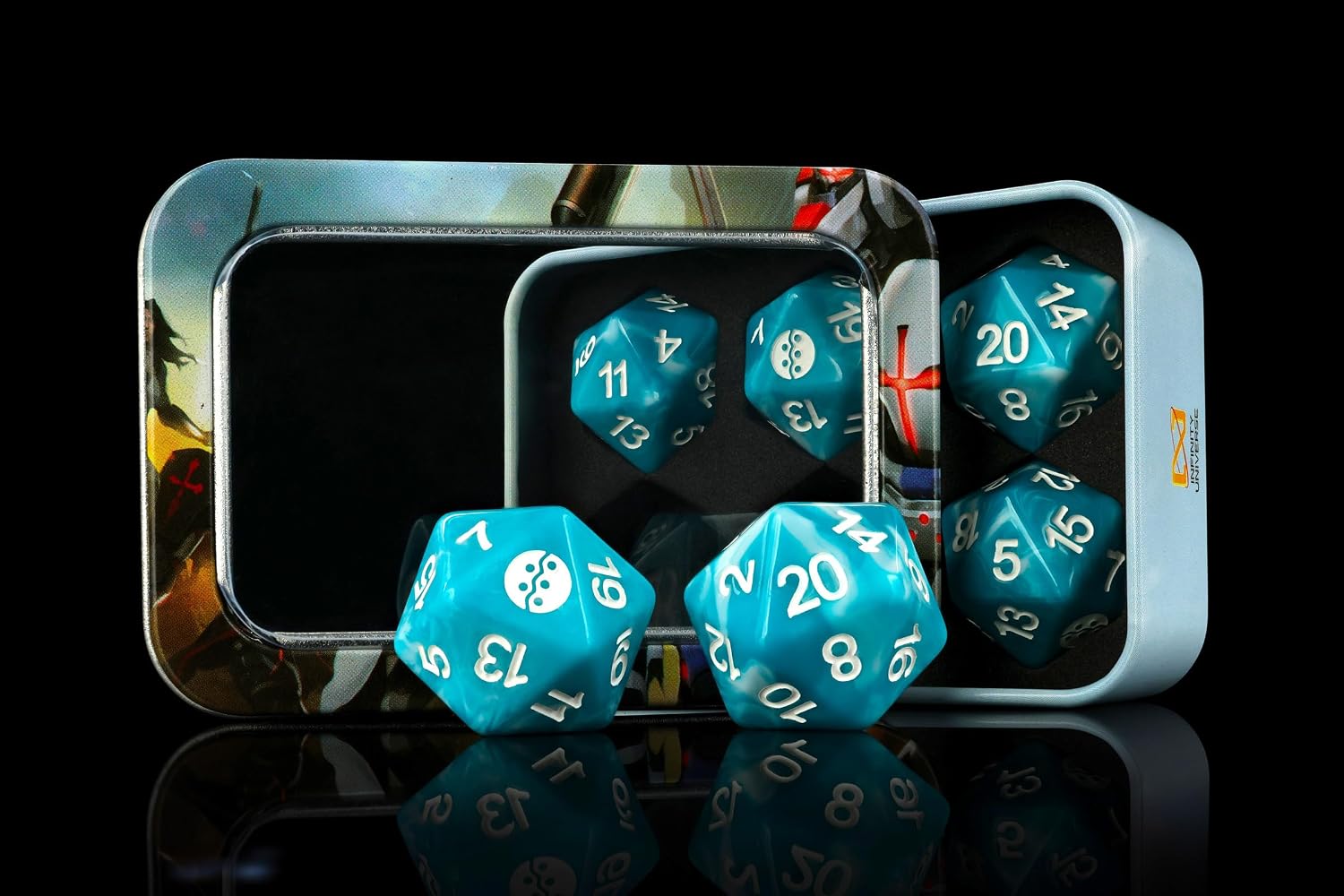 Infinity Dice: PanOceania 6-Pack Official Wargaming Dice for Infinity: The Game, Oversized 22mm D20s, Stored in Reusable Metal Tins