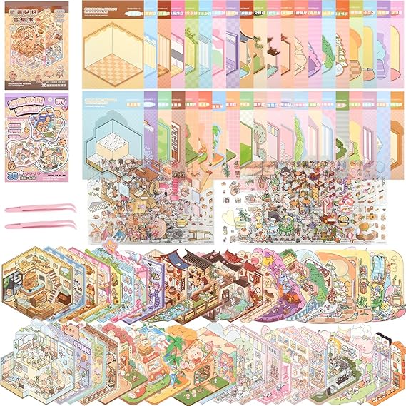 TMBMLPP 40 Sets DIY 3D Sticker Scene Book, Miniature Scene Stickers Book, Creative Scene Sticker Books, 40 Scenes, 60 Reusable PET Stickers, 2 Tweezers, Sticker Therapy Kit, for Adults
