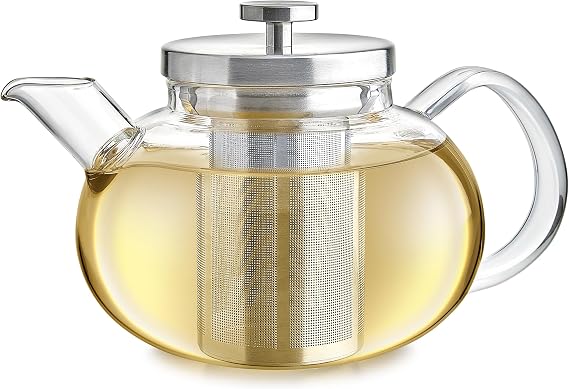 Teabloom Connoisseur Glass Teapot with Stainless Steel Infuser for Loose Tea 4-Cup Capacity, Stovetop-Safe, Durable Borosilicate Glass, Perfect for Hot and Iced Tea