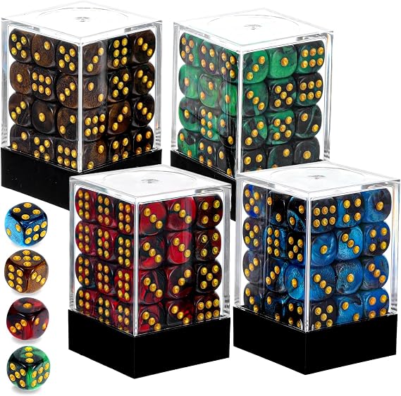 Kifmurase 144 Pcs 12MM 6 Sided Mini Dice Set, Pearl Pattern Game Tiny Dices Mable Two Colors D6 Game Standard Dices with Portable Plastic Box for Yahtzee and Teaching Math Learning (4 Color)