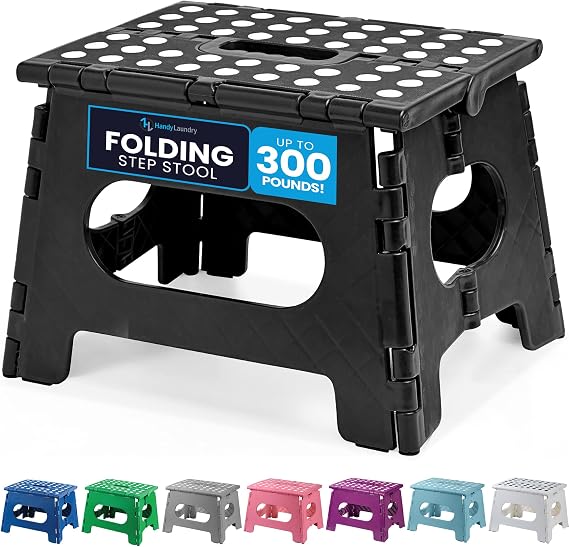 Handy Laundry - Folding Step Stool is Sturdy Enough to Support Adults and Safe Enough for Kids. Opens Easy with One Flip. Great for Kitchen, Bathroom or Bedroom (Black)