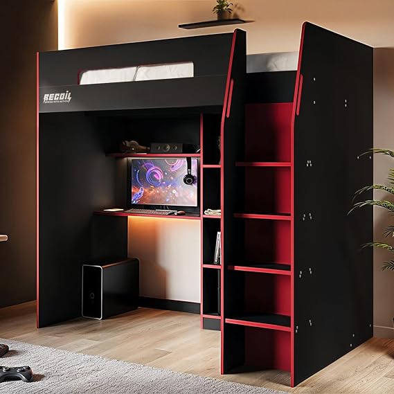 Recoil - High Sleeper Gaming Bed with Storage and Desk (Black & Red)