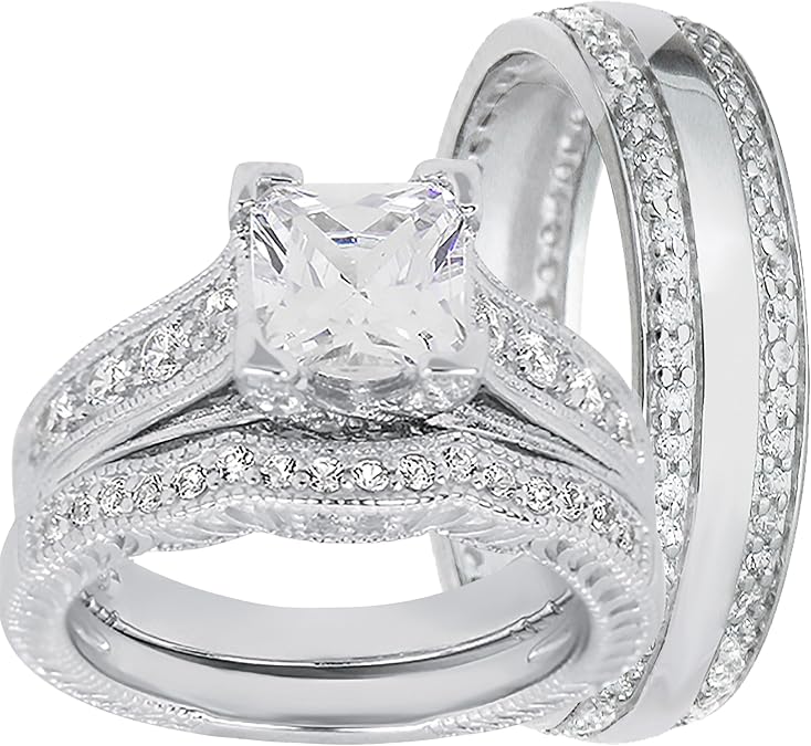 His Her Wedding Ring Set 3 Piece Trio CZ Bride Engagement Groom Couples Rings
