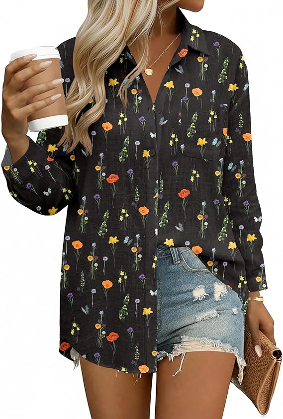 HOTOUCH Womens Button Down Shirts Linen Cotton Long Sleeve Blouse Loose Fit | Chest Pocket Detail,Dressy Casual,Collared Gauze Tops,Lightweight,Solid Color & Floral Printed,Comfortable All Season