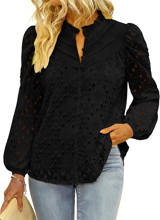 BETTE BOUTIK Women's Long Short Sleeve Tops 2025 Dressy Casual Button Hollow Out Lace Embroidered Blouses Shirts