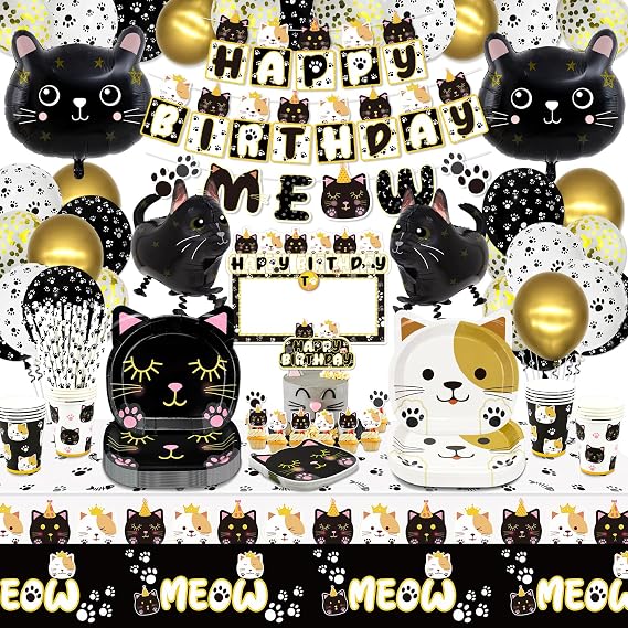 166 Pcs Cat Birthday Party Decorations - Cat Balloons, Banner, MEOW Garlands, DIY Hanging Sign, Cake Topper, Plates, Napkins, Cups, and Tablecloth