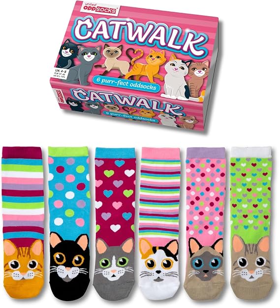 United Oddsocks Catwalk Gift Box, 6 Colourful Cat-Themed Odd Socks for Women, Mix & Match Cute Crew Cotton Socks, Fun Novelty Socks Gift Set for Cat Lovers and Women, UK 48, EUR 3742, US 6.510.5