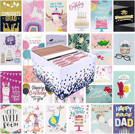 100 All Occasion Greeting Cards- 100 Eye Catching Designs with Greeting Card Organizer Box- Friendship, Anniversary, BFF, Thank You, Wedding Cards & More- 4 x 6 inches with 100 Envelopes