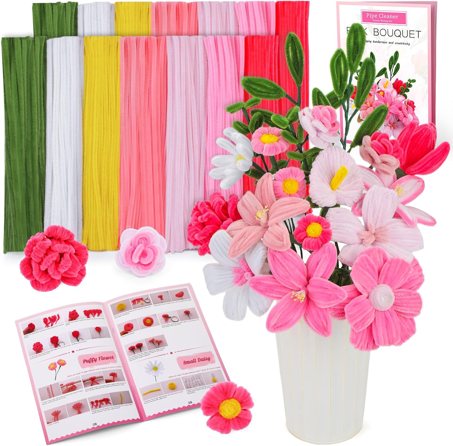 ZXIIXZ 550 Pcs Pipe Cleaner Flowers Craft Kit, 7 Colors Pipe Cleaners Craft Flower Making Kit, Chenille Stems Pipe Cleaners Kit with Tutorial, Bouquet DIY Craft Supplies for Festivals Decorations
