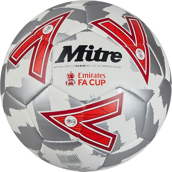 Mitre Training FA Cup Football | High Performance Training Balls | Ultra Durable Design Balls White/Silver/Red 4