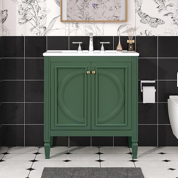 30 Inch Green Bathroom Vanity with Sink,Vintage Bathroom Sink Cabinet 30 Inch,Drop-In with Integrated Countertop,2 Storage Door Organizers & Sliding Tray,Adjustable Shelf,Soft Closing,Solid Wood Frame
