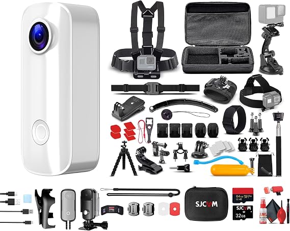 SJCAM C100 Plus Action Camera in White with 4K Video, EIS Stabilization, and Audio Recording, Bundle Including: 64GB Micro SD Card, 50-in-1 Action Kit, Card Reader, Card Wallet, and Micro USB Cable