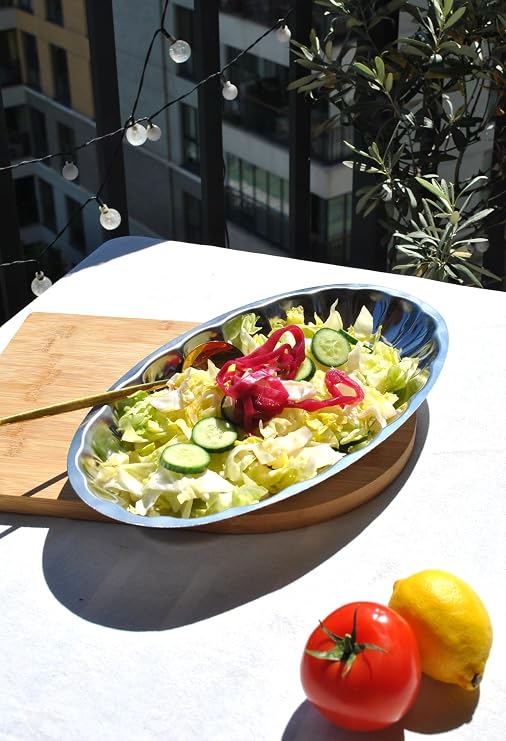 1 Adet Paslanmaz Çelik Dilimli Kayık Salata Sunum Tabağı 34 x 20 cm Büyük Boy Kayık Tabak