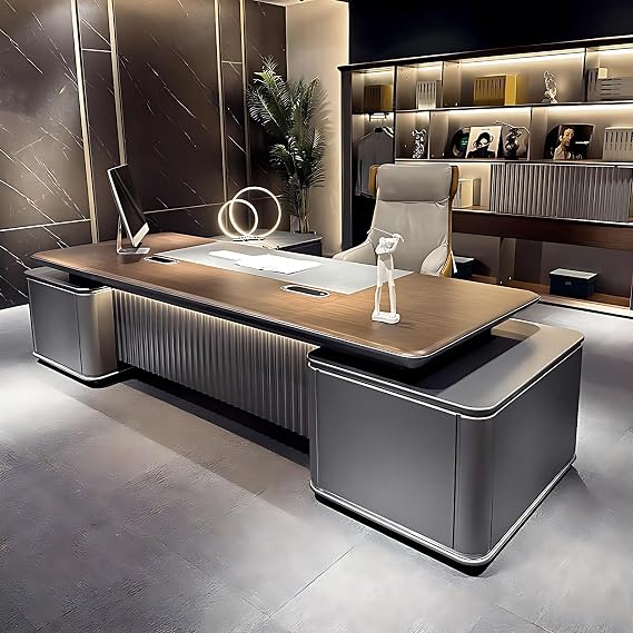 Executive Desk - Modern l Shaped Desk with Multifunctional Cable Box, Solid Wood Office Desk with Storage, Easy Installation (Brown, 118.1")