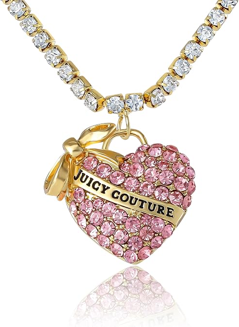 Juicy Couture Clear and Pink Pave Crystal Heart Tennis Necklace 16"+2"