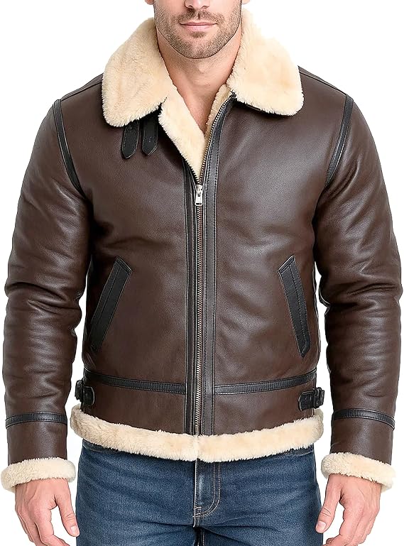 Men's B3 RAF Pilot Faux Fur Shearling Black & Brown Flying Sheepskin Leather Bomber Jackets