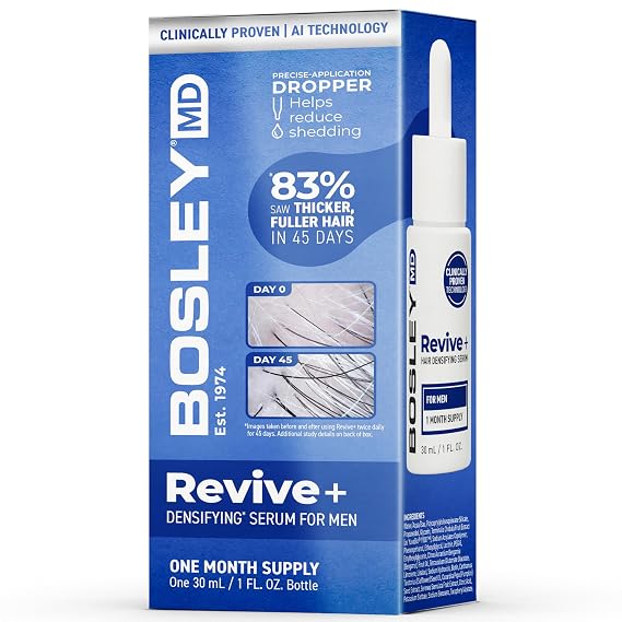 Bosley Revive+ Densifying Serum for Men Drug-Free Hair Regrowth Treatment Biotin, Saw Palmetto, Pumpkin Seed, Y100 Botanical Compound Thicker, Fuller Hair in 45 Days 1 Month Supply