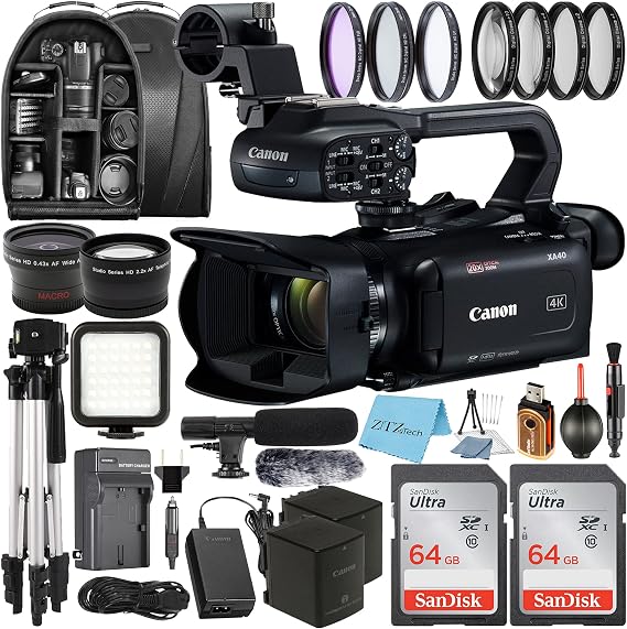 Canon XA40 Professional UHD 4K Video Camcorder with 2 Pack 64GB SanDisk Memory Card + Case + Tripod + Wideangle Lens + Flash + Microphone + Filter Kit + ZeeTech Accessory Bundle