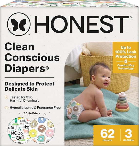 The Honest Company Daytime Daytime Diapers, Barnyard Babies, Size 3, 62 Ct