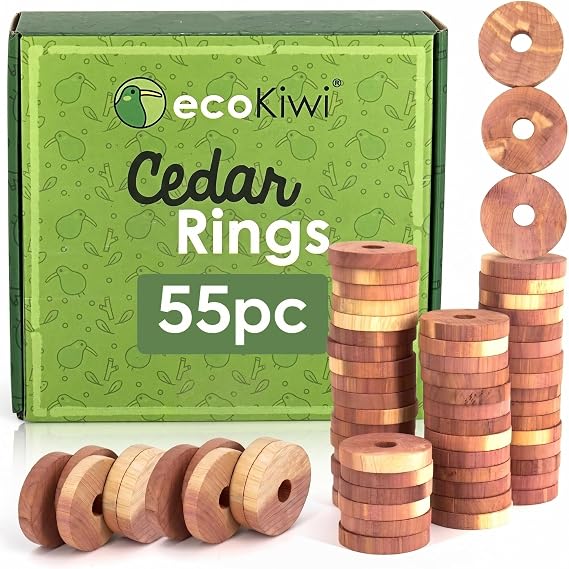 ecoKiwi Moth Repellent for Wardrobes Cedar Rings - 55 Pack - 100% Natural Cedar Balls - Anti Moth Products - Cedarwood Oil Moth Repellent for Rooms & Clothes - Moth Balls for Wardrobe with Sandpaper