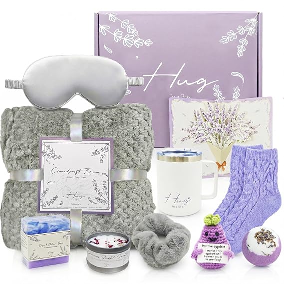 Birthday Gifts for Women, Self Care Hug in a Box Lavender Spa Gift Basket, Thinking of You Inspirational Gift for Wife Mom Sister New Mom or Friend with Flannel Blanket Knitted Positive Eggplant