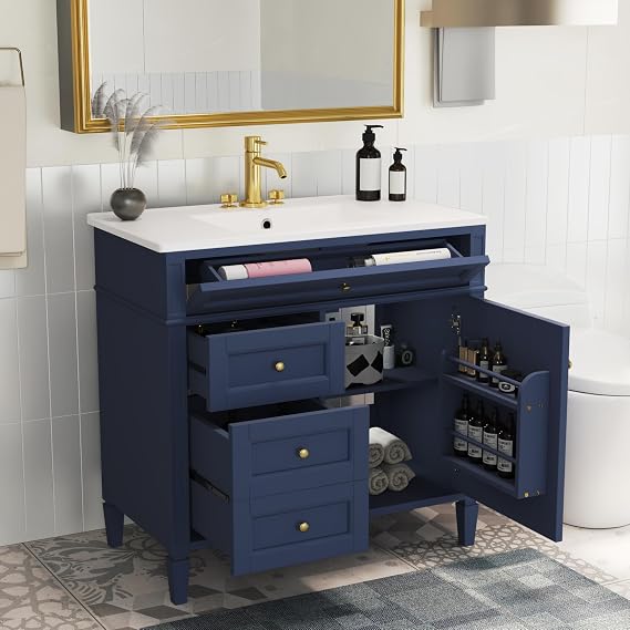 36 Inch Navy Blue Bathroom Vanity with Sink,Solid Wood Frame,Gold Knobs